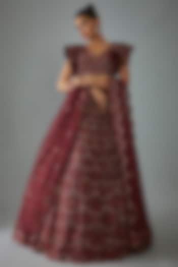 Maroon Organza Hand Embroidered Bridal Lehenga Set by Kalighata at Pernia's Pop Up Shop
