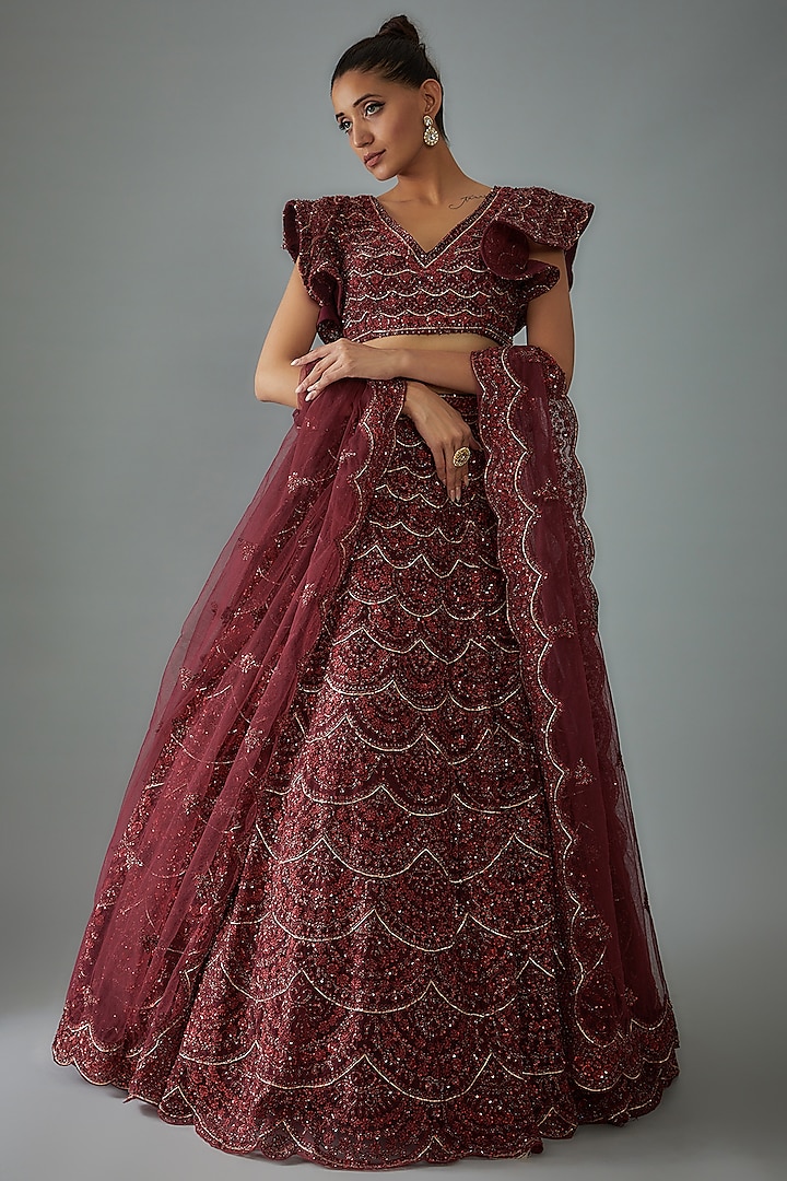 Maroon Organza Hand Embroidered Bridal Lehenga Set by Kalighata at Pernia's Pop Up Shop