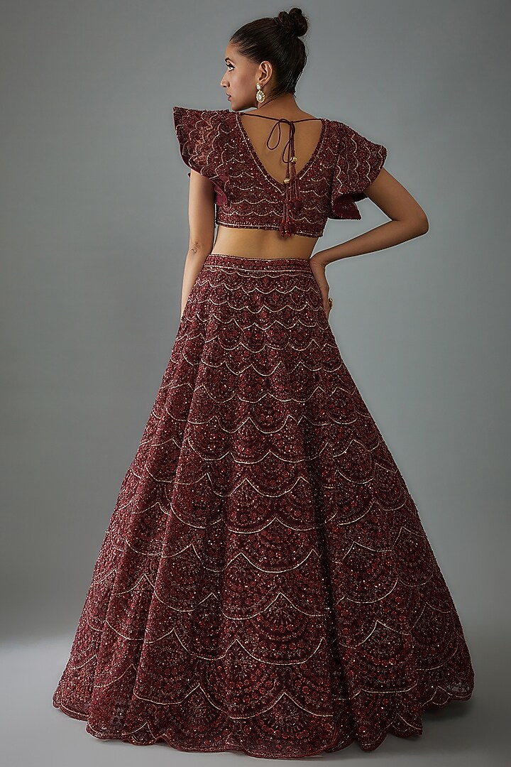 Maroon Organza Hand Embroidered Bridal Lehenga Set by Kalighata at Pernia's Pop Up Shop