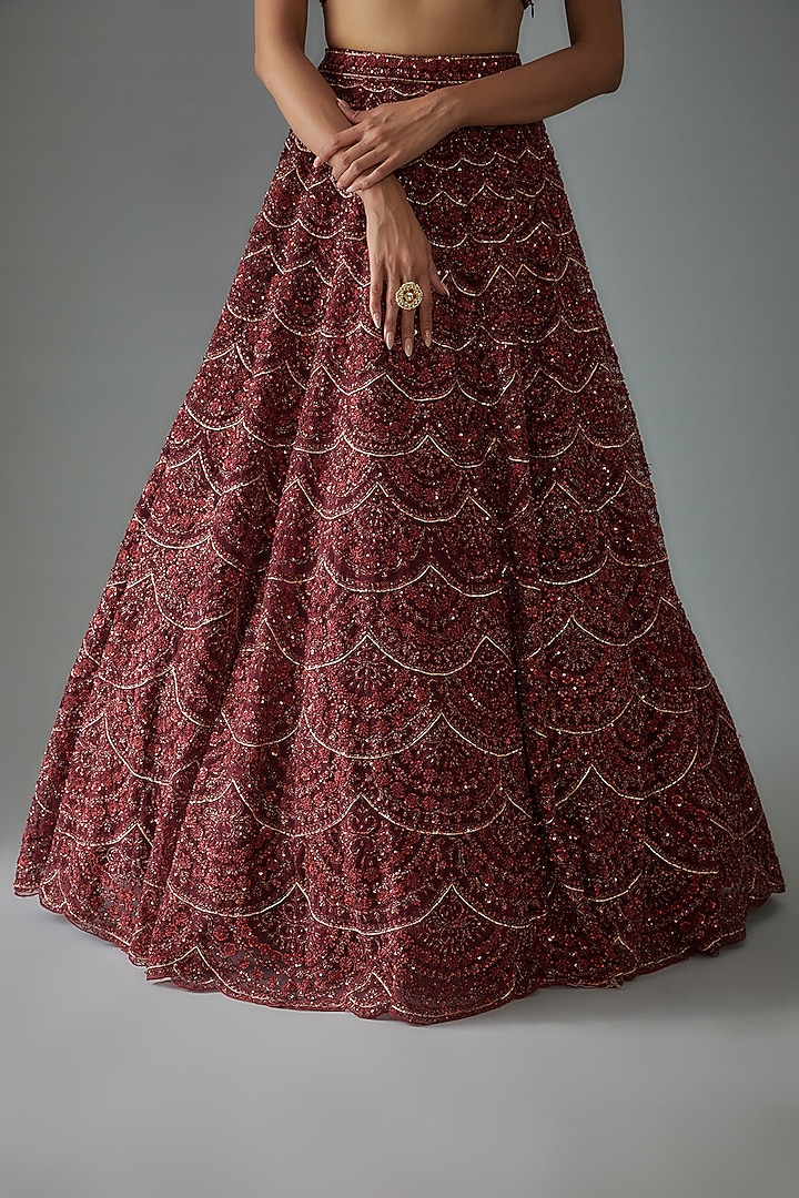 Maroon Organza Hand Embroidered Bridal Lehenga Set by Kalighata at Pernia's Pop Up Shop