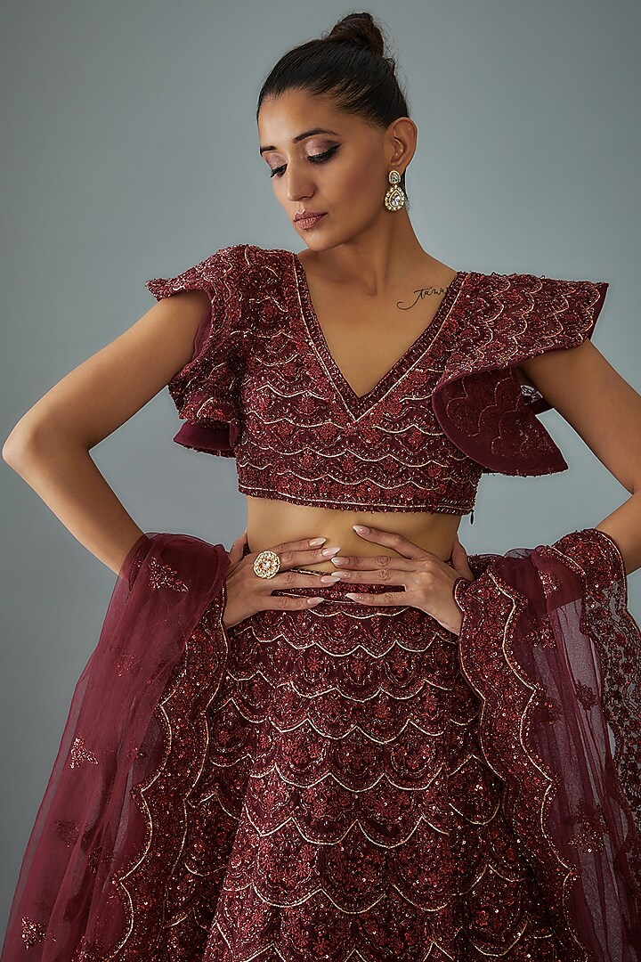 Maroon Organza Hand Embroidered Bridal Lehenga Set by Kalighata at Pernia's Pop Up Shop