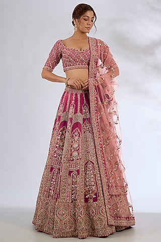 Red Raw Silk Embroidered Lehenga Set by Kalighata