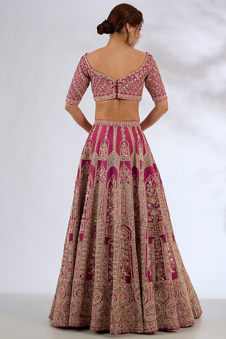 Red Raw Silk Embroidered Bridal Lehenga Set by Kalighata at Pernia's Pop Up Shop