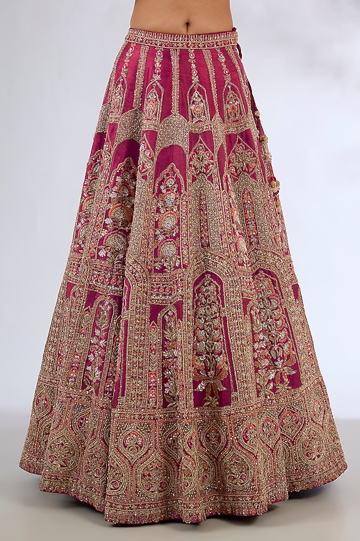 Red Raw Silk Embroidered Bridal Lehenga Set by Kalighata at Pernia's Pop Up Shop