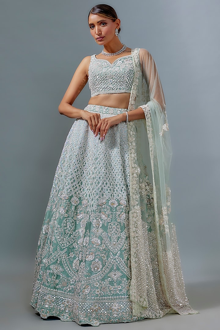 Aqua Blue Organza Hand Embroidered Bridal Lehenga Set by Kalighata at Pernia's Pop Up Shop