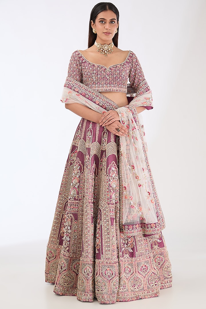 Purple Raw Silk Hand Embroidered Bridal Lehenga Set by Kalighata at Pernia's Pop Up Shop