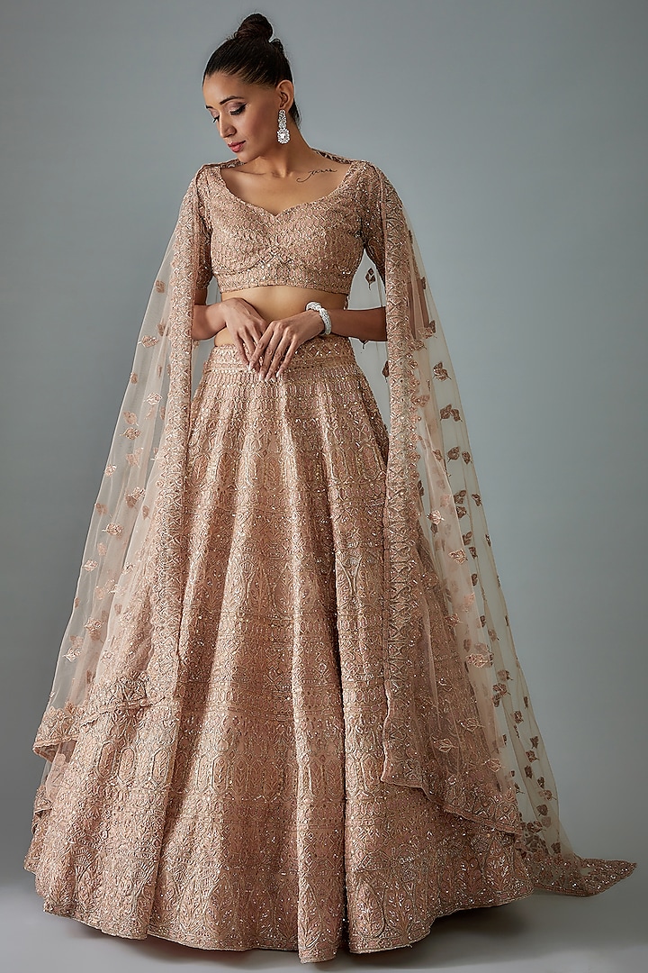 Gold Organza Hand Embroidered Bridal Lehenga Set by Kalighata at Pernia's Pop Up Shop