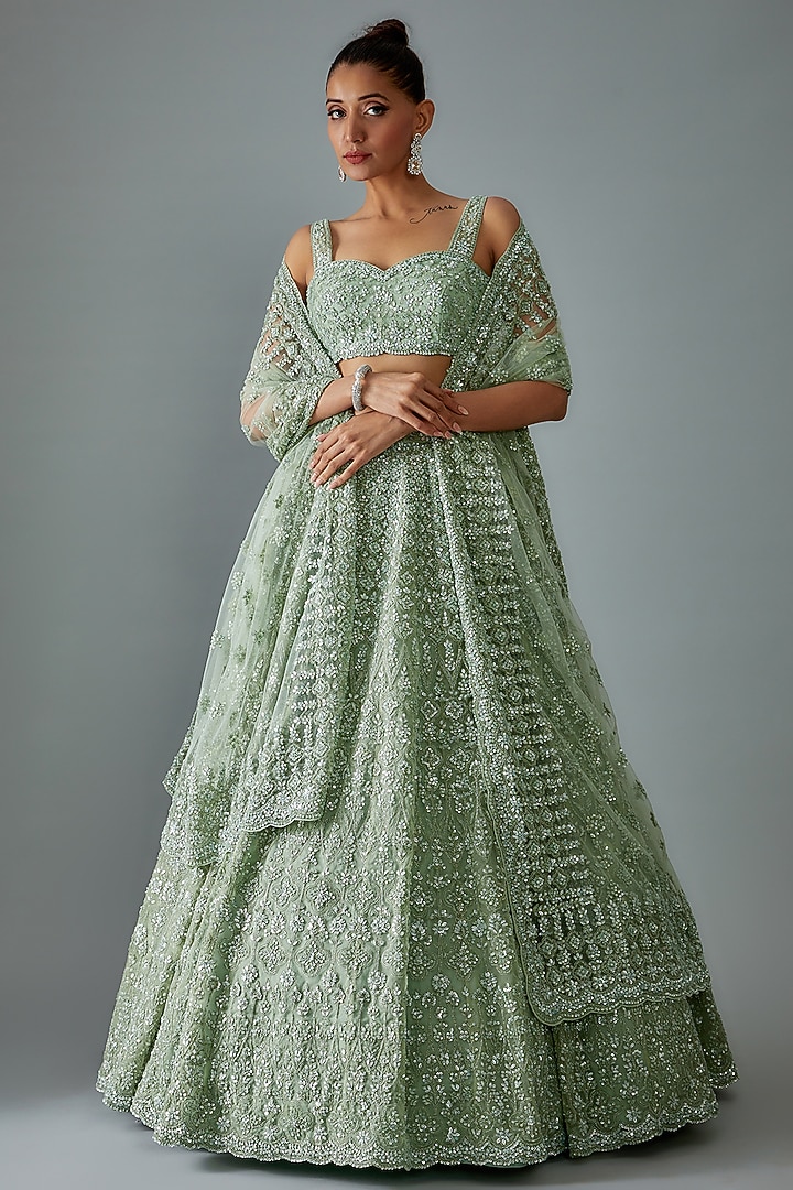 Blue Organza Hand Embroidered Bridal Lehenga Set by Kalighata at Pernia's Pop Up Shop