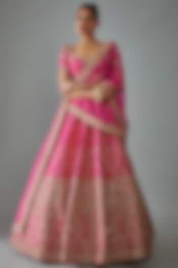 Pink Raw Silk Hand Embroidered Bridal Lehenga Set by Kalighata at Pernia's Pop Up Shop