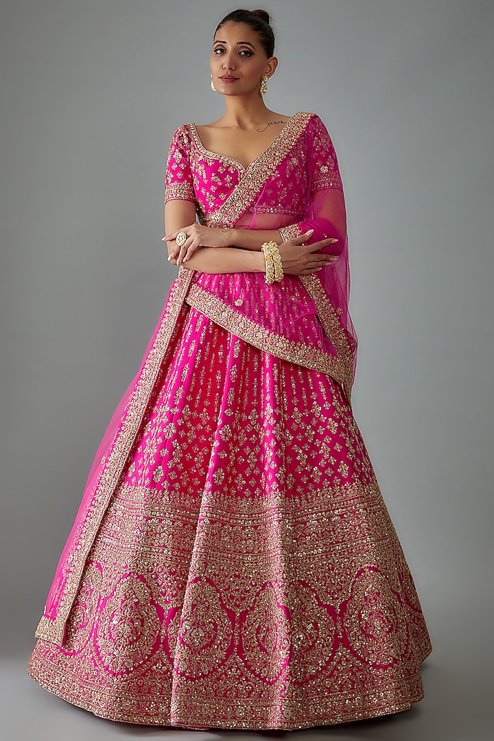 Pink Raw Silk Hand Embroidered Bridal Lehenga Set by Kalighata at Pernia's Pop Up Shop
