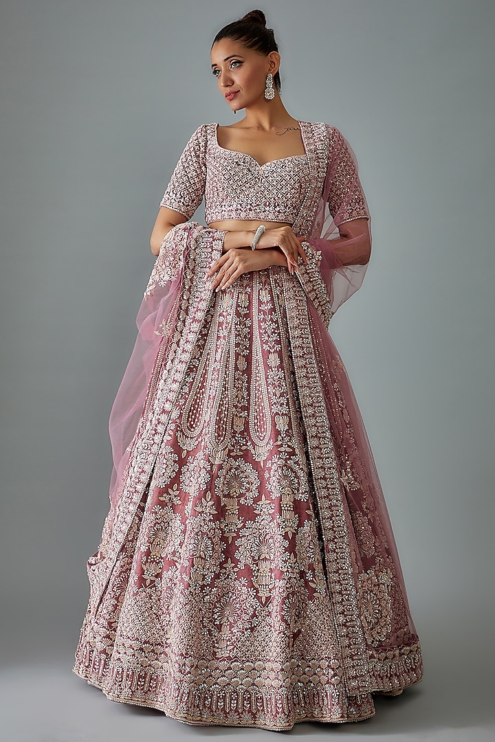 Mauve Velvet Hand Embroidered Lehenga Set by Kalighata