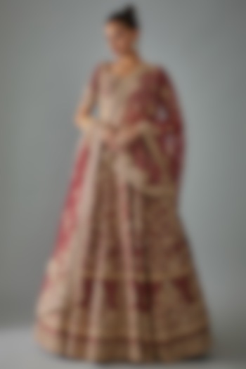 Maroon Raw Silk Hand Embroidered Bridal Lehenga Set by Kalighata at Pernia's Pop Up Shop