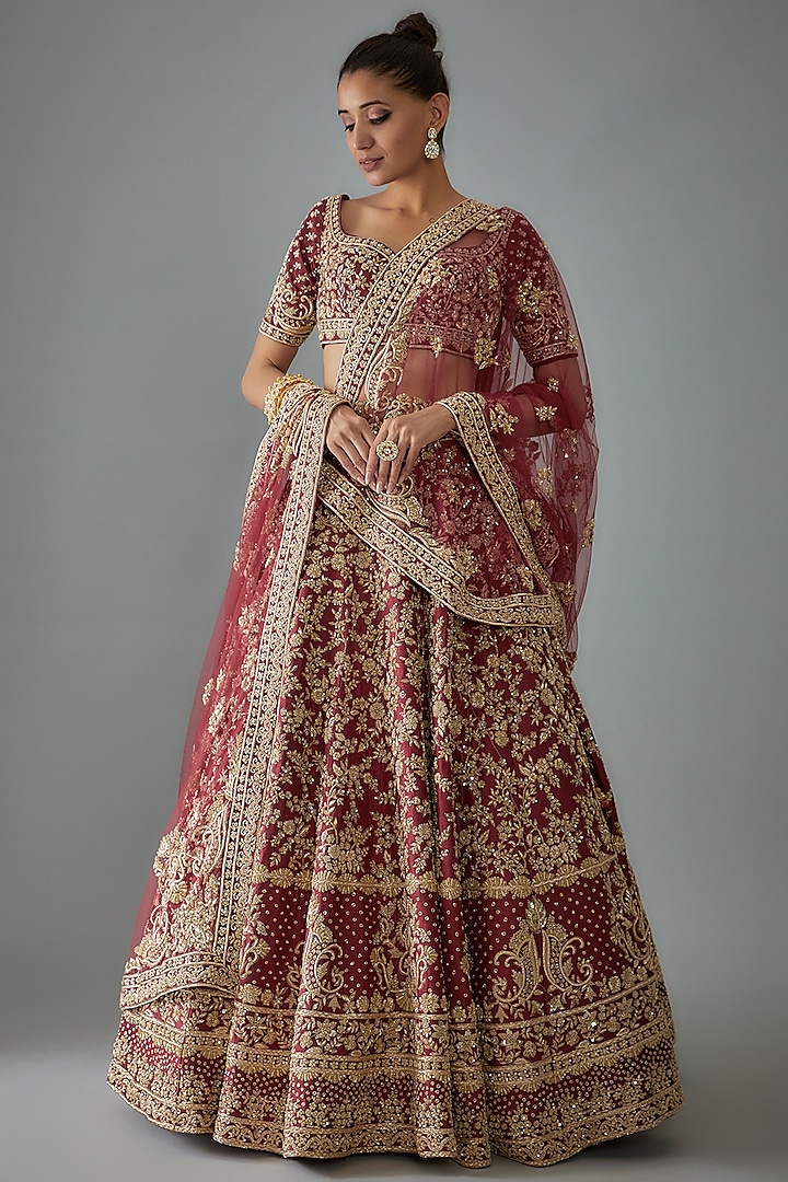 Maroon Raw Silk Hand Embroidered Bridal Lehenga Set by Kalighata at Pernia's Pop Up Shop