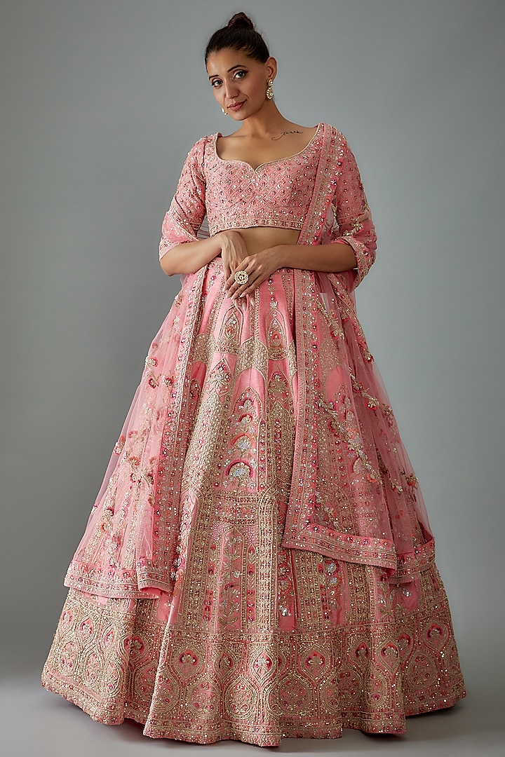 Pink Raw Silk Hand Embroidered Lehenga Set by Kalighata