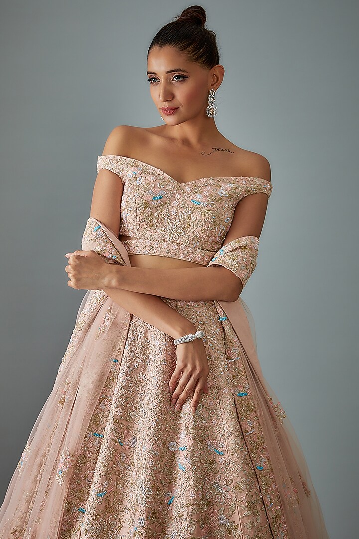 Pink Velvet Hand Embroidered Bridal Lehenga Set by Kalighata at Pernia's Pop Up Shop