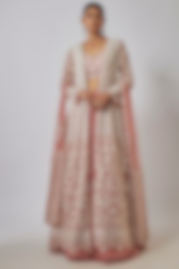 Peach Net Embroidered Jacket Bridal Lehenga Set by Kalighata at Pernia's Pop Up Shop