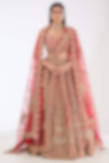 Red Raw Silk Zardosi Embroidered Lehenga Set by Kalighata