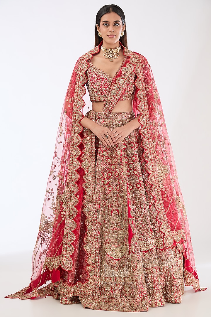 Red Raw Silk Zardosi Embroidered Lehenga Set by Kalighata