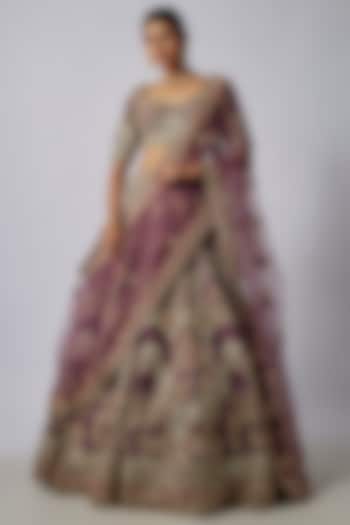 Purple Raw Silk Motif Embroidered Bridal Lehenga Set by Kalighata at Pernia's Pop Up Shop