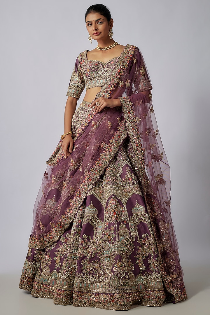 Purple Raw Silk Motif Embroidered Bridal Lehenga Set by Kalighata at Pernia's Pop Up Shop