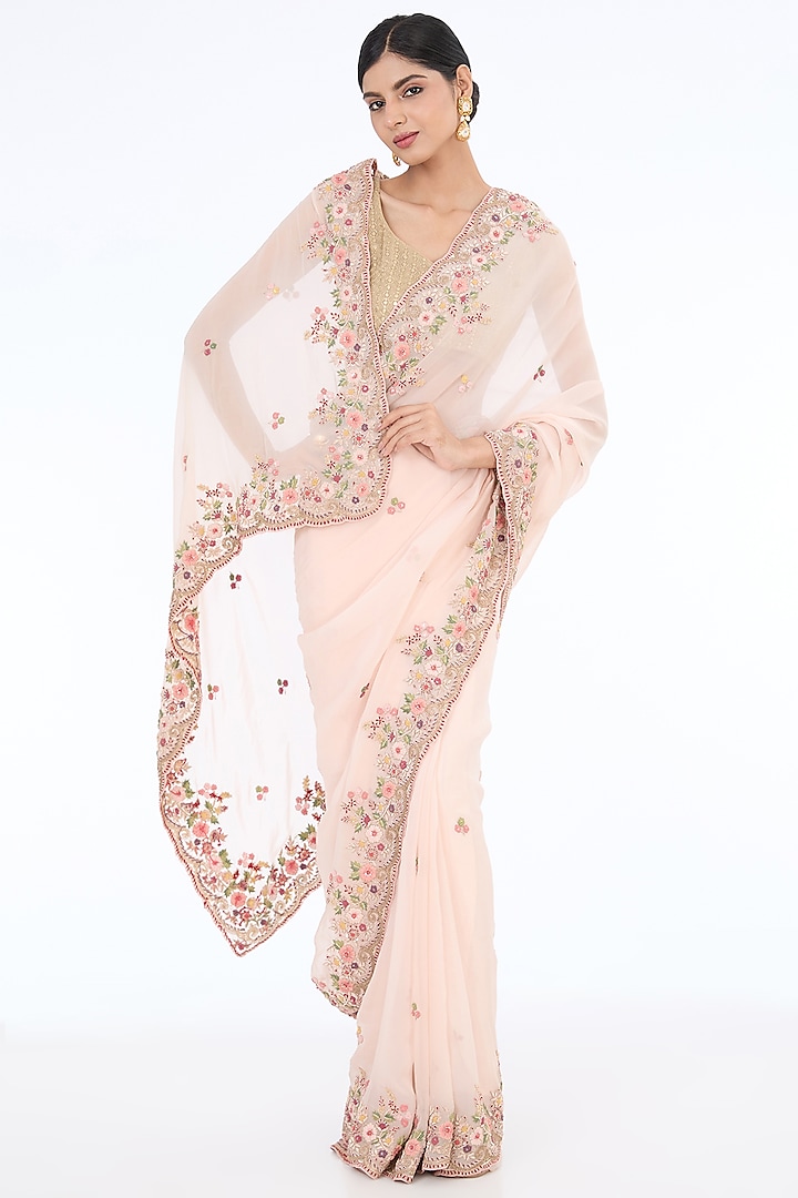 Pink Pure Organza Hand Embroidered Reception Saree Set by Kalighata at Pernia's Pop Up Shop