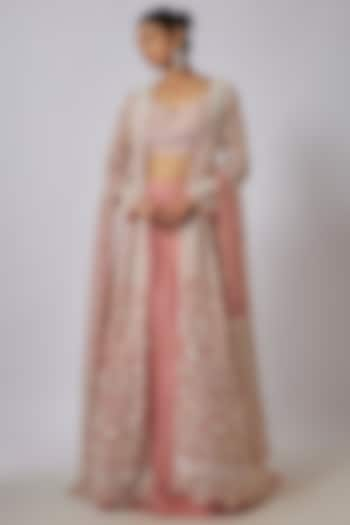 Pink Organza Sequins & Cutdana Hand Embroidered Jacket Bridal Lehenga Set by Kalighata at Pernia's Pop Up Shop