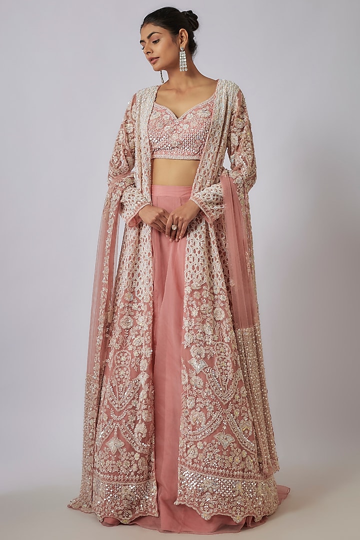 Pink Organza Sequins & Cutdana Hand Embroidered Jacket Bridal Lehenga Set by Kalighata at Pernia's Pop Up Shop