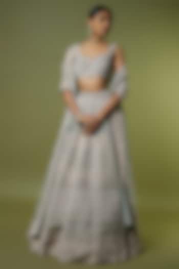 Aqua Velvet Sequins & Zari Hand Embroidered Bridal Lehenga Set by Kalighata at Pernia's Pop Up Shop