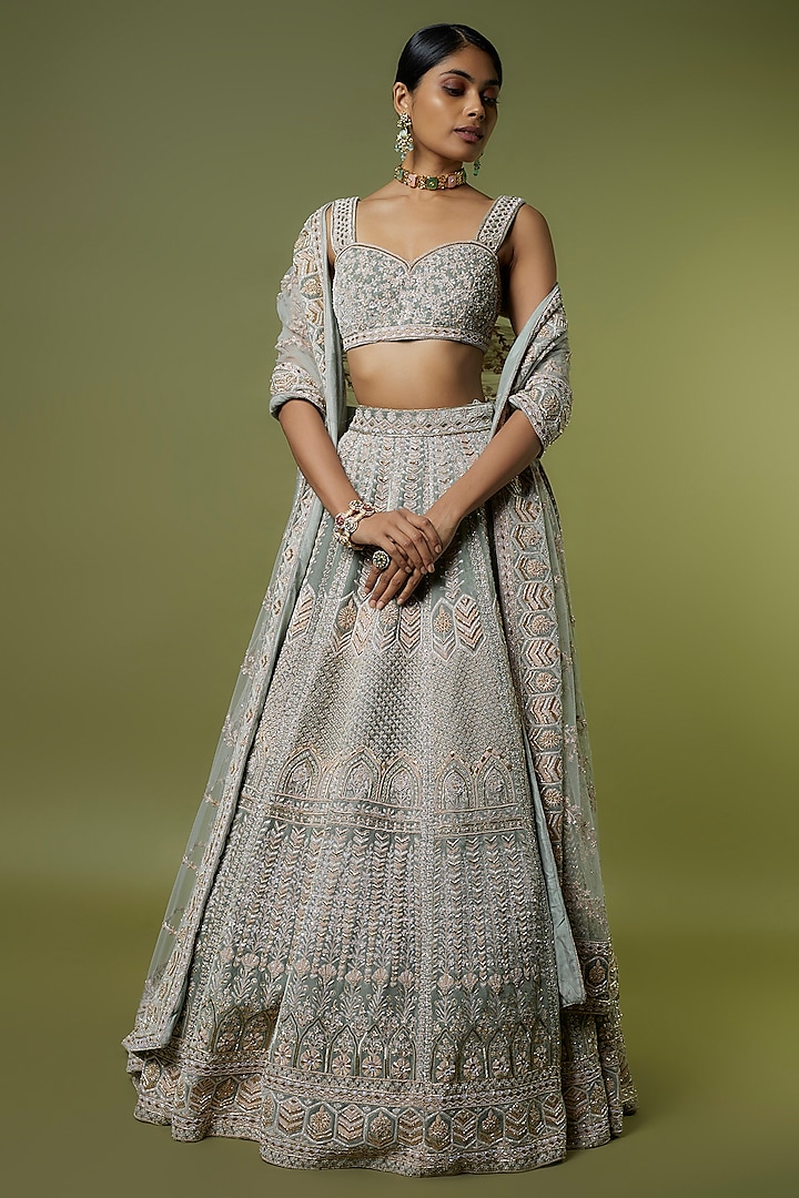 Aqua Velvet Sequins & Zari Hand Embroidered Bridal Lehenga Set by Kalighata at Pernia's Pop Up Shop