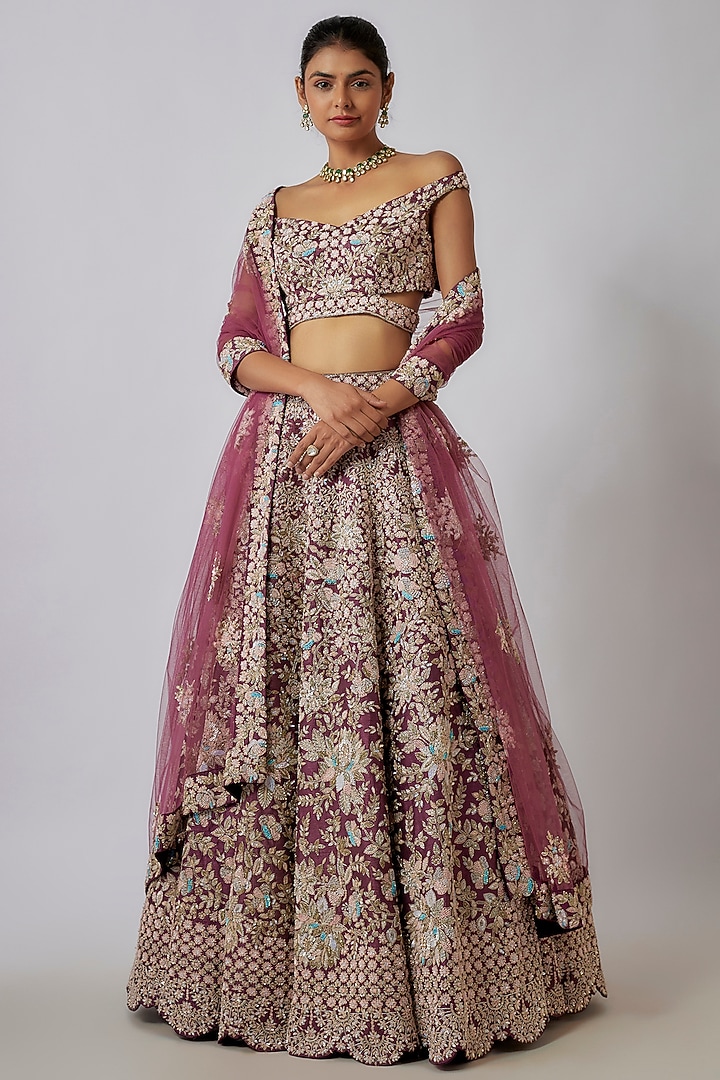 Purple Raw Silk Sequins & Cutdana Hand Embroidered Bridal Lehenga Set by Kalighata at Pernia's Pop Up Shop