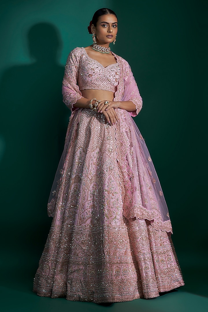 Pink Raw Silk Sequins Hand & Machine Embroidered Lehenga Set by Kalighata