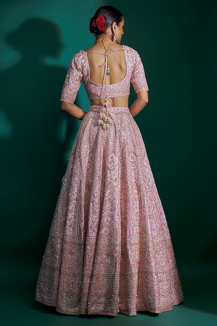 Pink Raw Silk Sequins Hand & Machine Embroidered Bridal Lehenga Set by Kalighata at Pernia's Pop Up Shop
