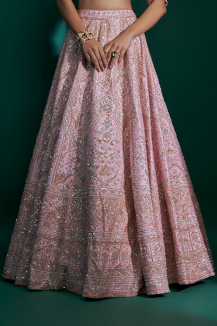 Pink Raw Silk Sequins Hand & Machine Embroidered Bridal Lehenga Set by Kalighata at Pernia's Pop Up Shop