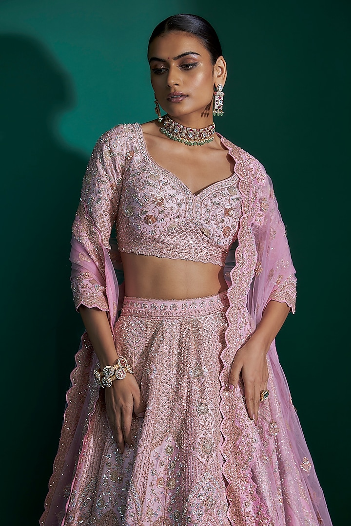 Pink Raw Silk Sequins Hand & Machine Embroidered Bridal Lehenga Set by Kalighata at Pernia's Pop Up Shop