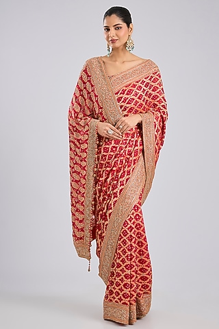 Red Bandhej Poth Saree Set by Kalighata