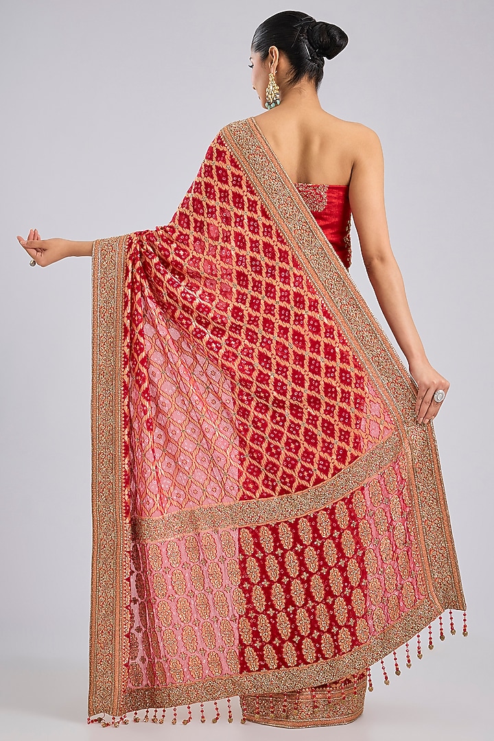 Red Bandhej Poth Reception Saree Set by Kalighata at Pernia's Pop Up Shop