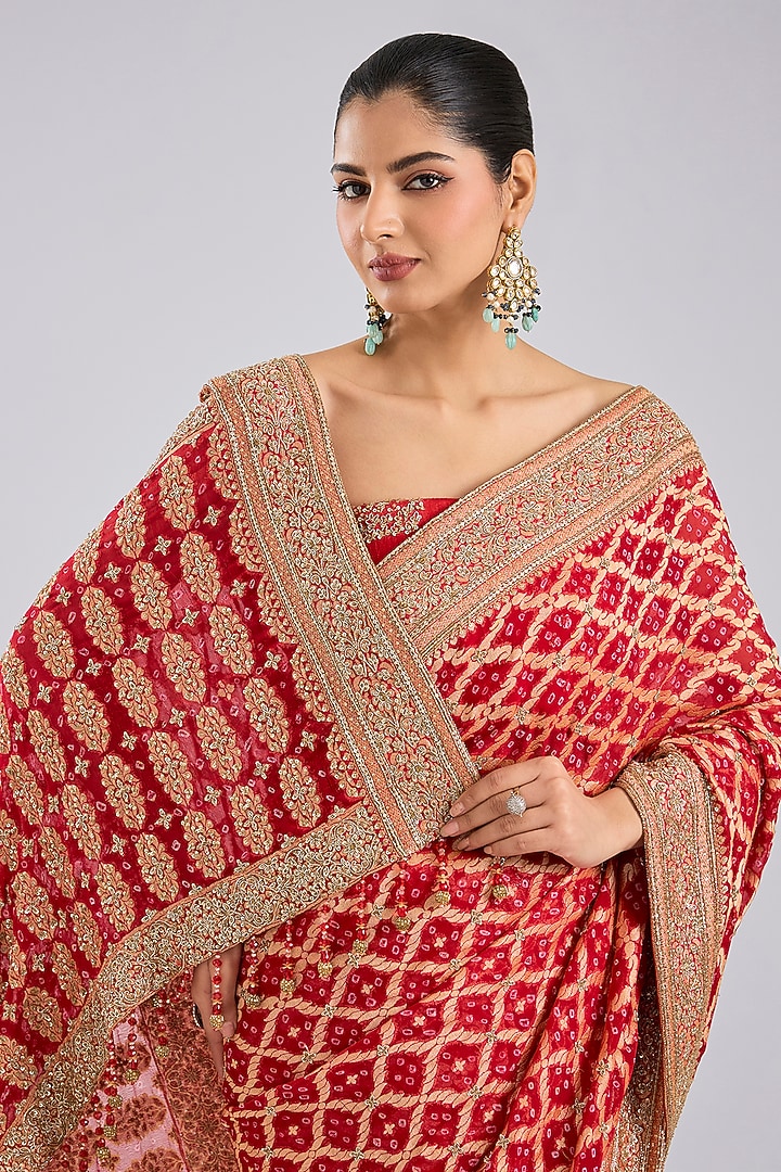 Red Bandhej Poth Reception Saree Set by Kalighata at Pernia's Pop Up Shop