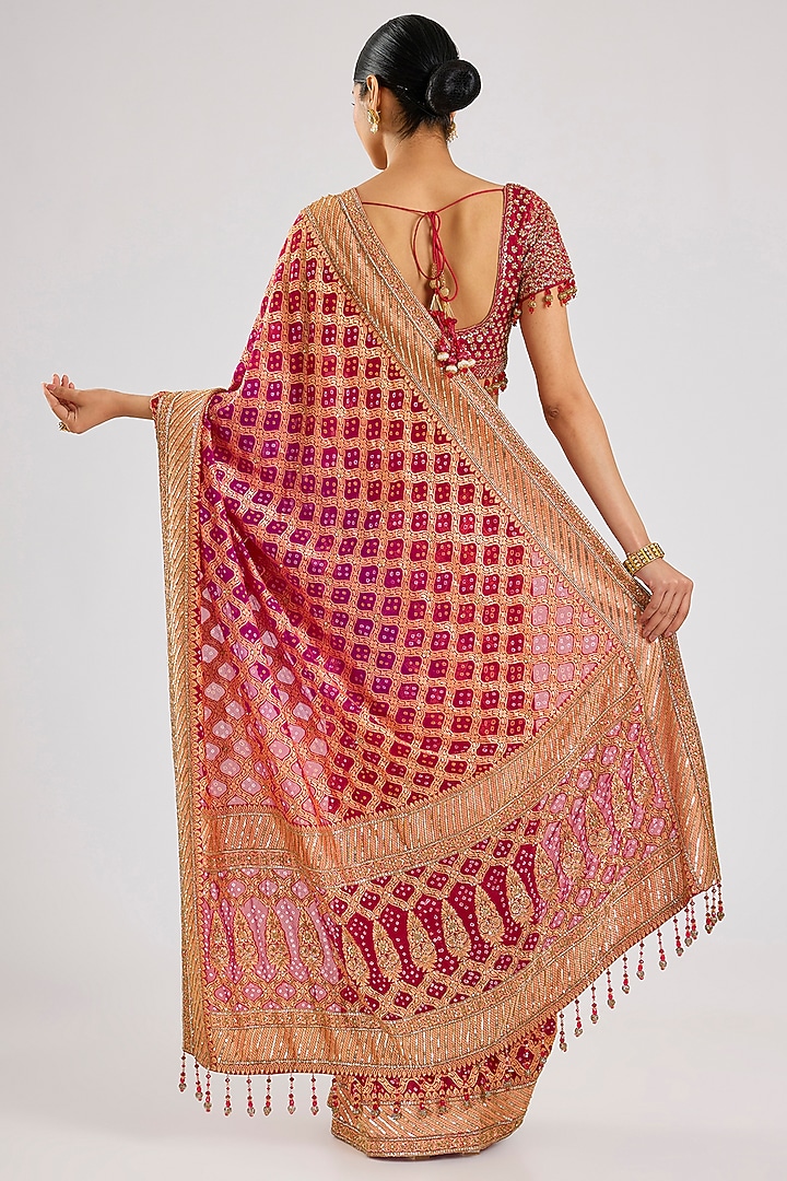 Red Bandhej Reception Saree Set by Kalighata at Pernia's Pop Up Shop