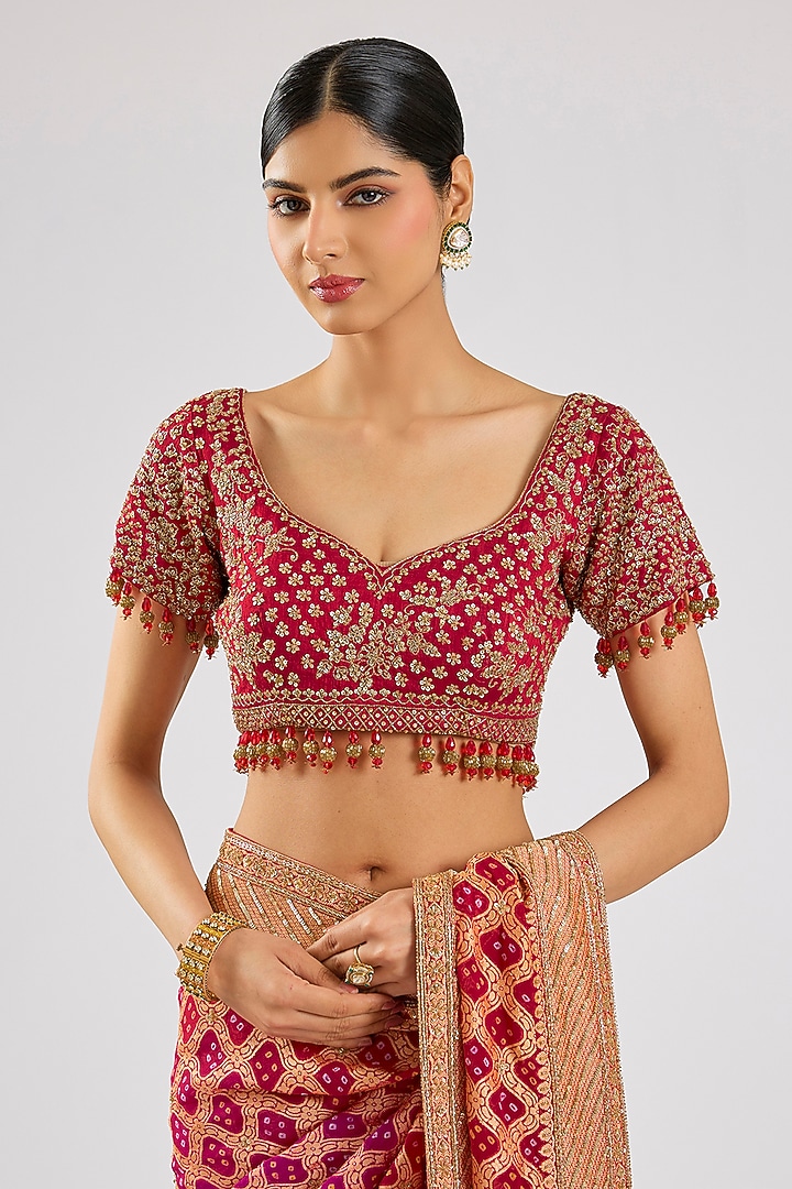 Red Bandhej Reception Saree Set by Kalighata at Pernia's Pop Up Shop