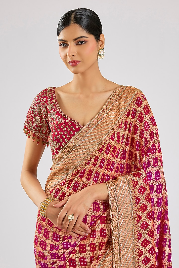 Red Bandhej Reception Saree Set by Kalighata at Pernia's Pop Up Shop