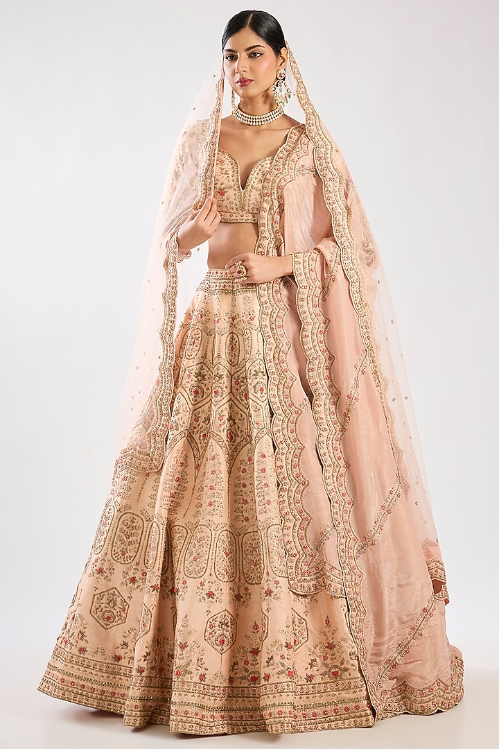 Pink Raw Silk Zari Hand & Machine Embroidered Bridal Lehenga Set by Kalighata at Pernia's Pop Up Shop