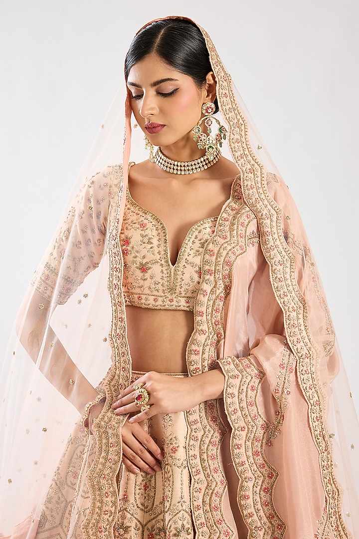 Pink Raw Silk Zari Hand & Machine Embroidered Bridal Lehenga Set by Kalighata at Pernia's Pop Up Shop