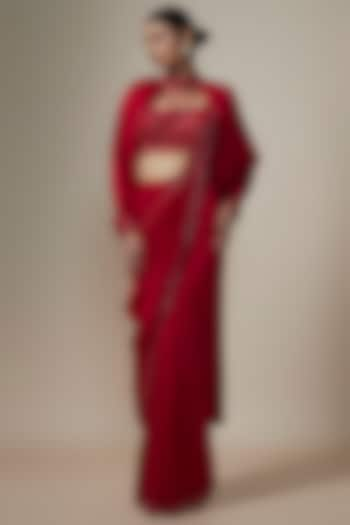 Cadmium Red Organza Sequins Embroidered Saree Set by Kalighata at Pernia's Pop Up Shop