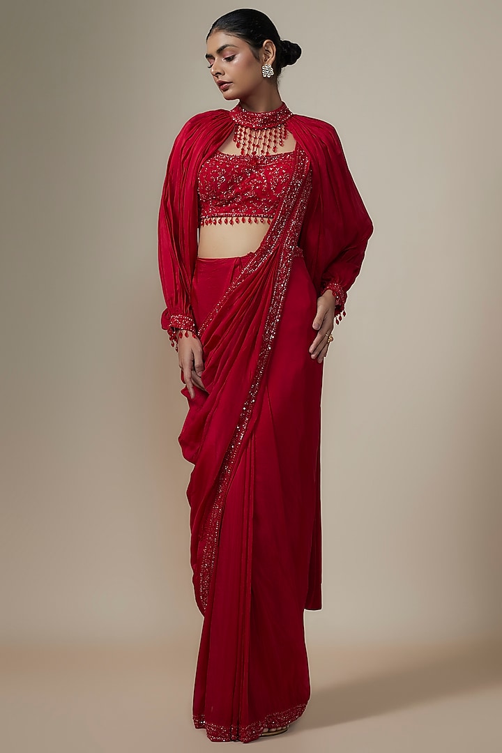 Cadmium Red Organza Sequins Embroidered Saree Set by Kalighata at Pernia's Pop Up Shop