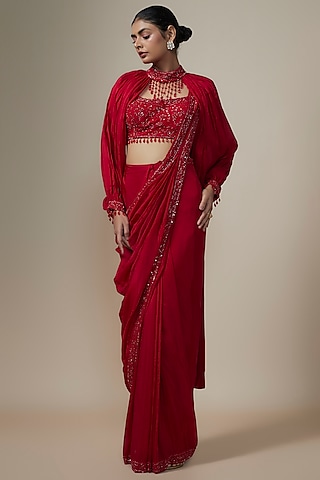 Cadmium Red Organza Sequins Embroidered Saree Set by Kalighata