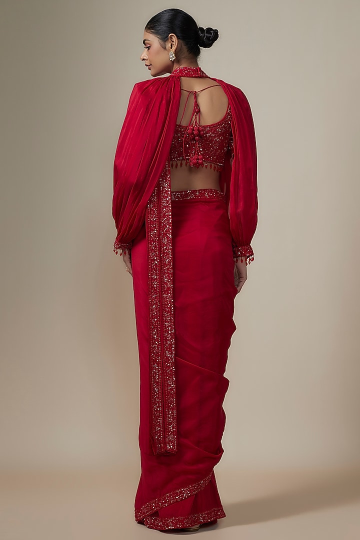 Cadmium Red Organza Sequins Embroidered Wedding Saree Set by Kalighata at Pernia's Pop Up Shop
