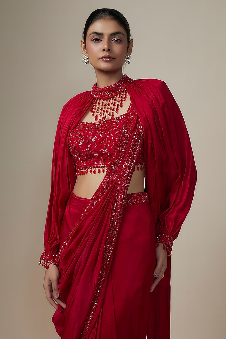 Cadmium Red Organza Sequins Embroidered Wedding Saree Set by Kalighata at Pernia's Pop Up Shop