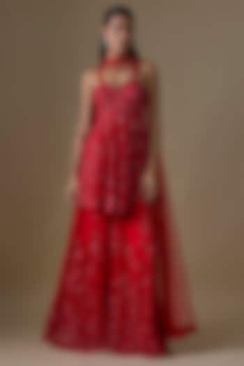 Red Organza Hand & Machine Embroidered Bridal Sharara Set by Kalighata at Pernia's Pop Up Shop