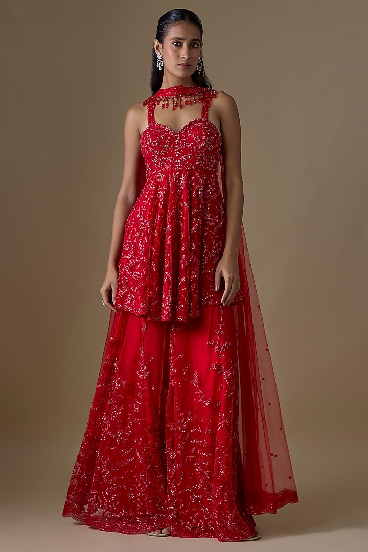 Red Organza Hand & Machine Embroidered Bridal Sharara Set by Kalighata at Pernia's Pop Up Shop