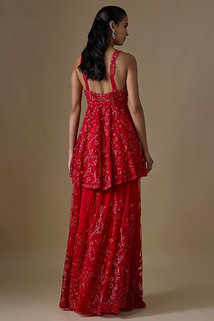Red Organza Hand & Machine Embroidered Bridal Sharara Set by Kalighata at Pernia's Pop Up Shop